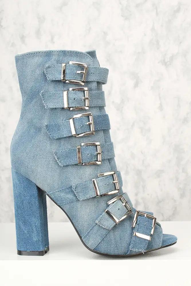 Sexy Denim Strappy Open Toe Chunky Heels Mid Calf Booties - AMIClubwear