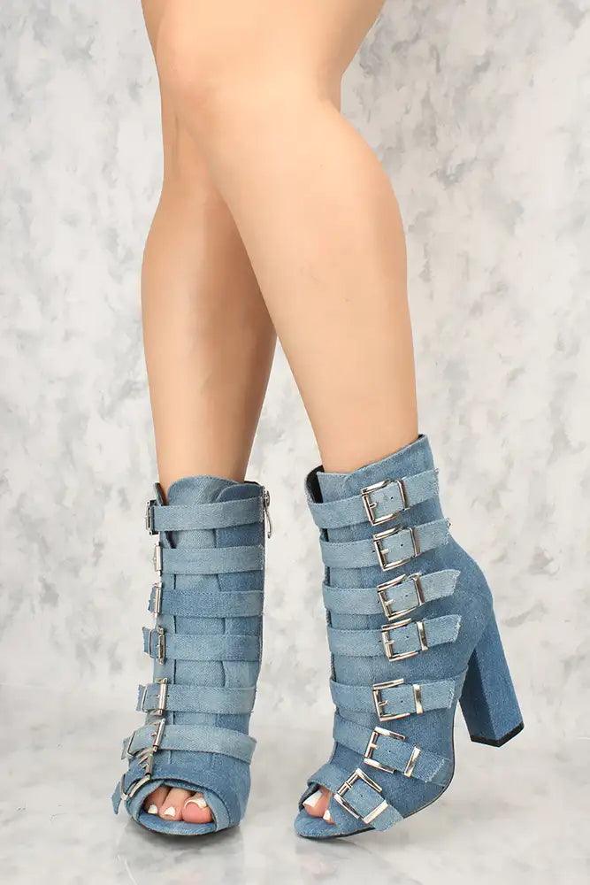Sexy Denim Strappy Open Toe Chunky Heels Mid Calf Booties - AMIClubwear