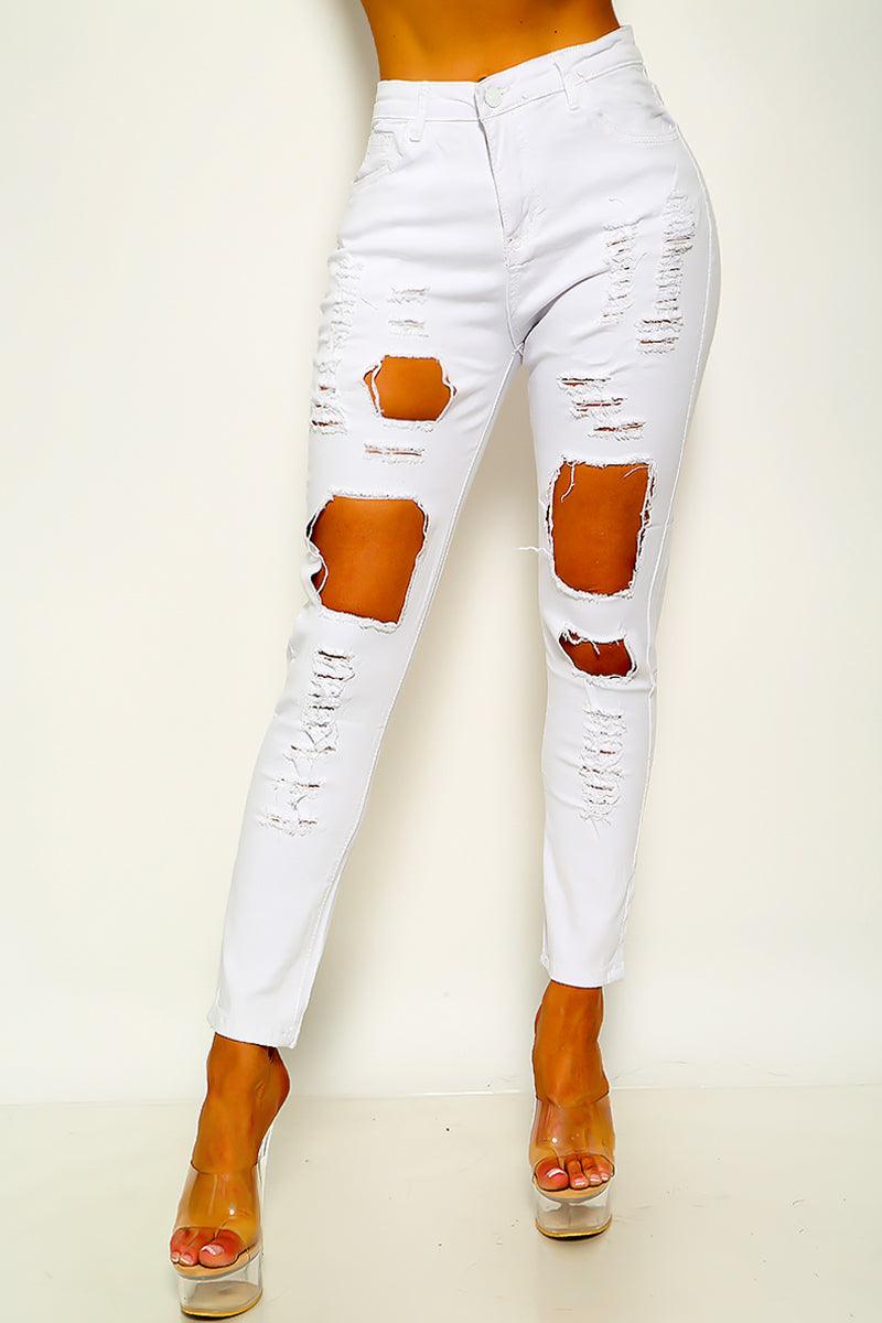 Sexy Distressed White Torn Skinny Jeans - AMIClubwear