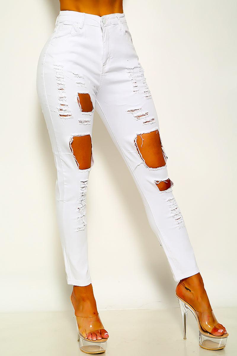 Sexy Distressed White Torn Skinny Jeans - AMIClubwear