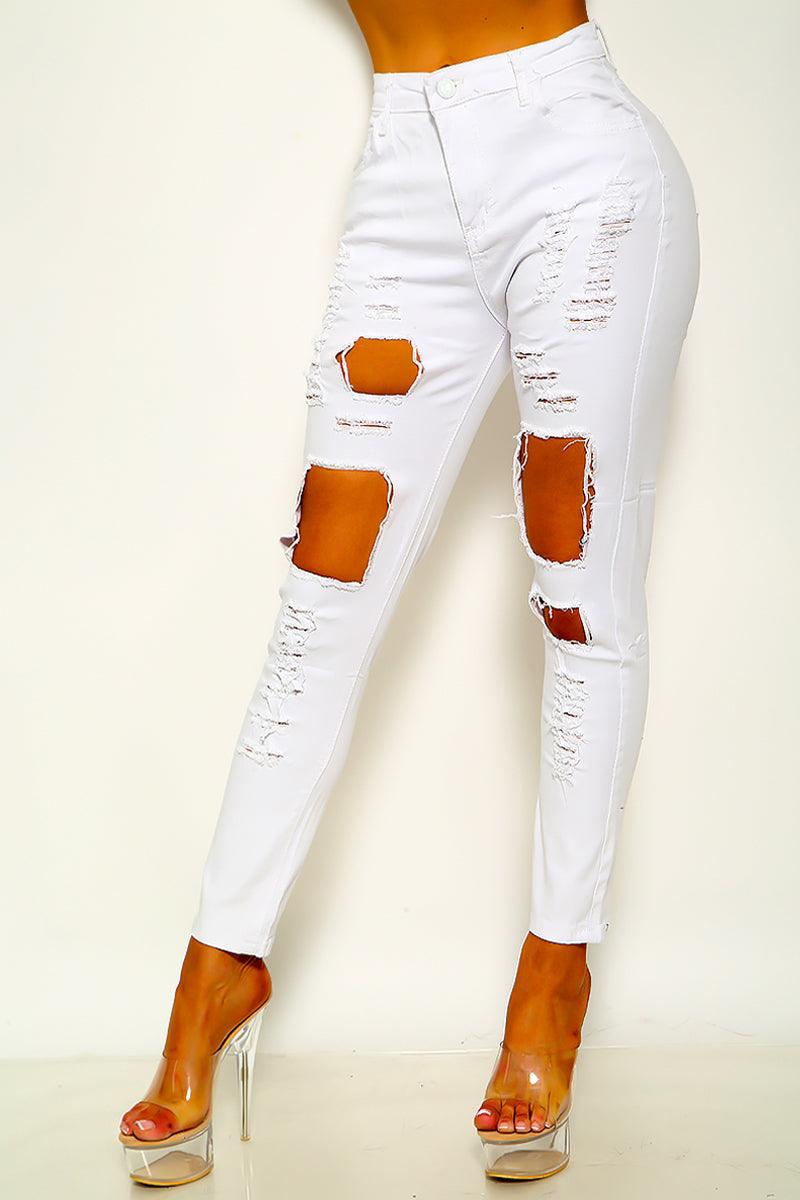 Sexy Distressed White Torn Skinny Jeans - AMIClubwear