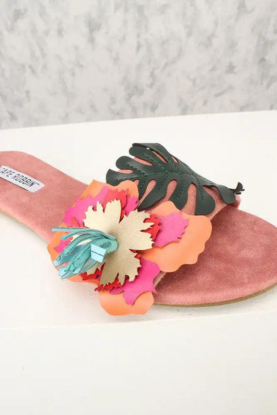 Sexy Dust Rose Floral Leaf Patch Slip On Sandals Faux Suede - AMIClubwear