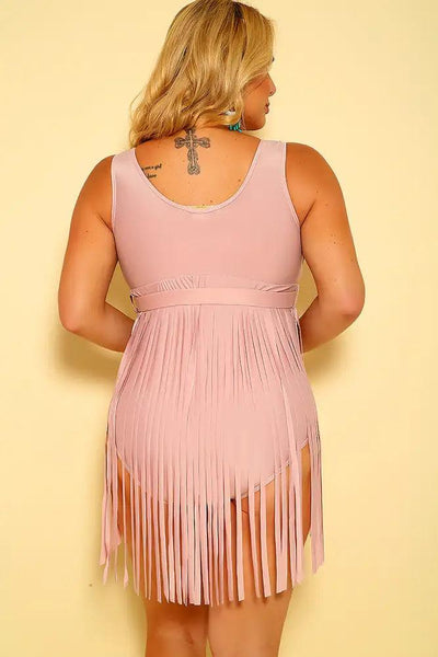 Sexy Dusty Peach Fringe Plus Size One Piece Swimsuit - AMIClubwear