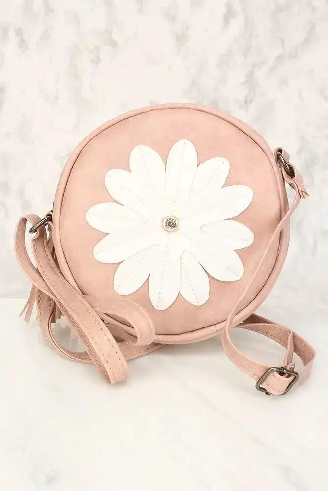 Sexy Dusty Pink Flower Patch Distressed Faux Leather Circle Crossbody Bag