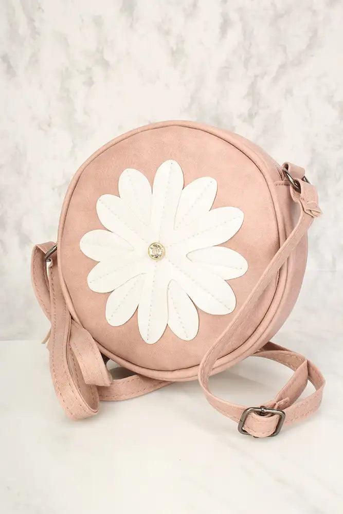 Sexy Dusty Pink Flower Patch Distressed Faux Leather Circle Crossbody Bag - AMIClubwear
