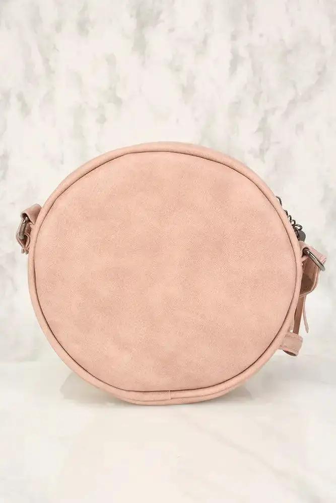 Sexy Dusty Pink Flower Patch Distressed Faux Leather Circle Crossbody Bag