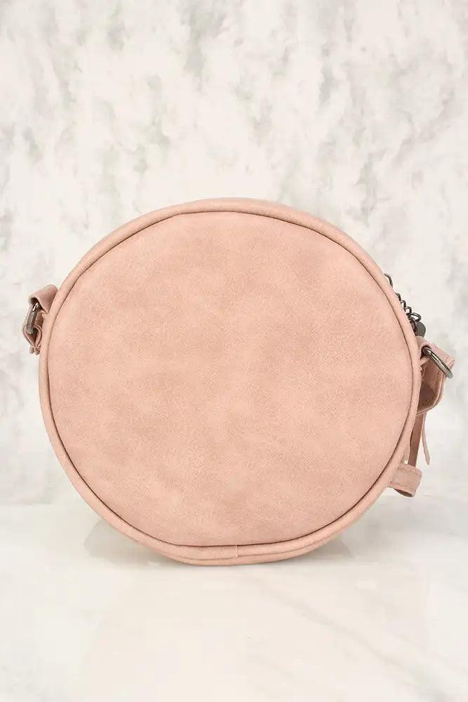 Sexy Dusty Pink Flower Patch Distressed Faux Leather Circle Crossbody Bag - AMIClubwear