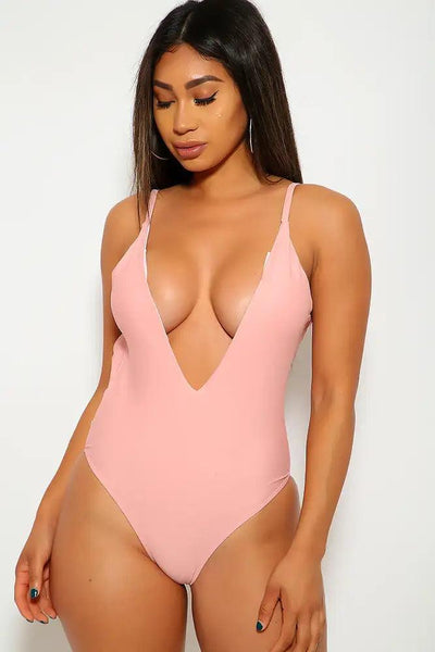 Sexy Dusty Pink One Piece Plunging Swimsuit - AMIClubwear