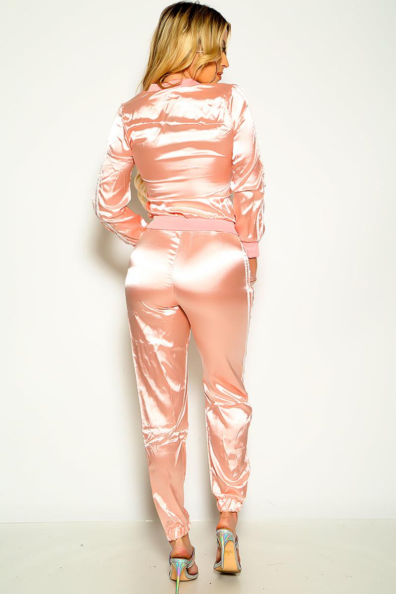 Sexy Dusty Pink Satin Long Sleeve Zip Up Tracksuit 2 Pc Set - AMIClubwear