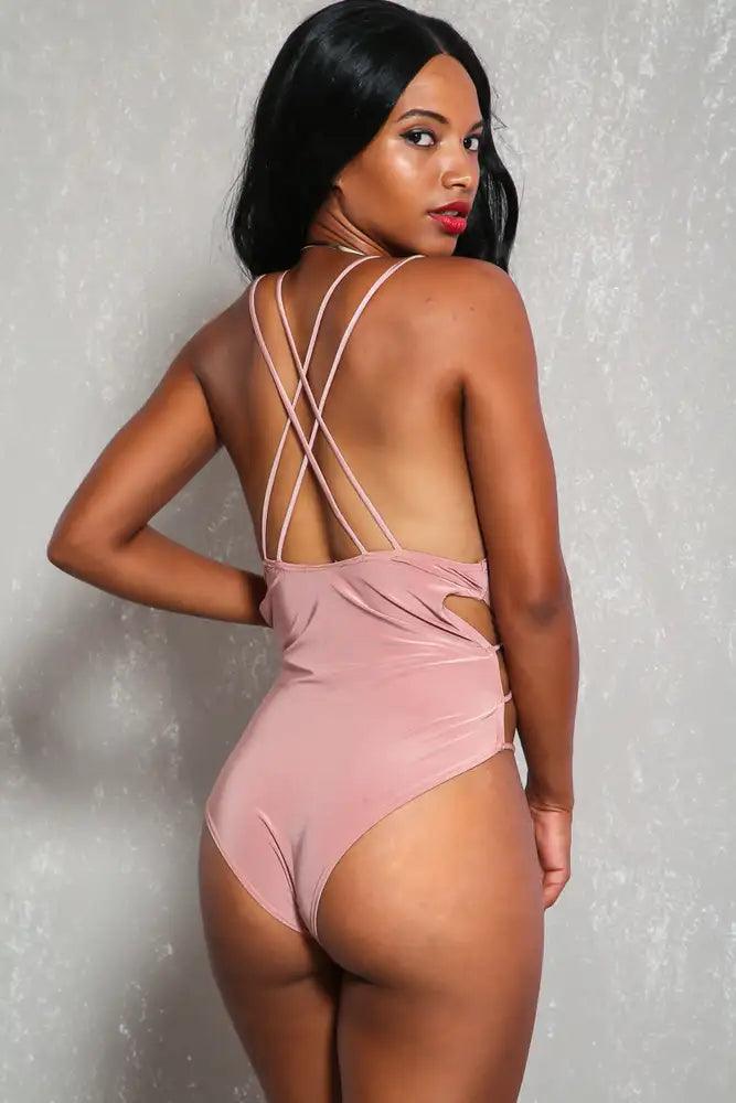 Sexy Dusty Pink Strappy Plunging Criss Cross High Cut One Piece Swimsuit - AMIClubwear