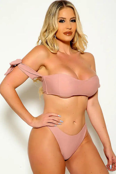 Sexy Dusty Rose Off The Shoulder Two Piece Swimsuit - AMIClubwear
