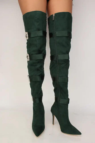 Sexy Emerald Rhinestone Studded Decor Strappy Thigh High Boots - AMIClubwear