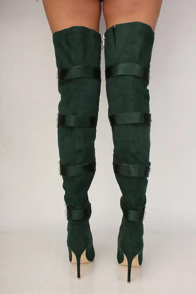 Sexy Emerald Rhinestone Studded Decor Strappy Thigh High Boots - AMIClubwear