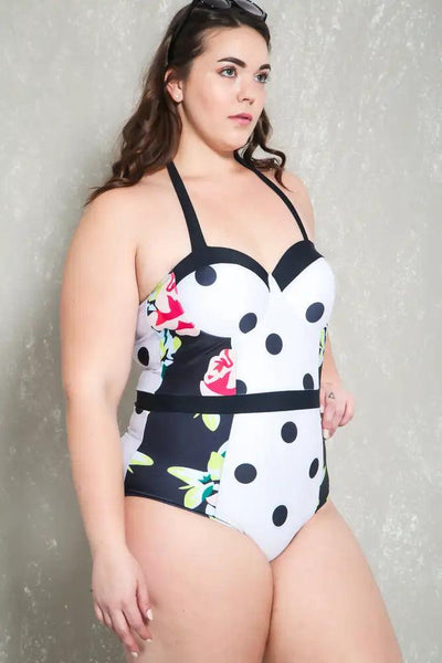 Sexy Floral Color Block Plus Size One Piece Swimsuit Bikini - AMIClubwear