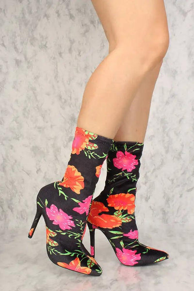 Sexy Floral Pointy Toe High Heel Mid Calf Booties Velvet - AMIClubwear