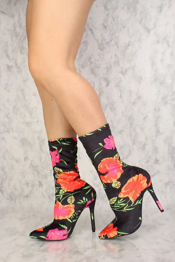 Sexy Floral Pointy Toe High Heel Mid Calf Booties Velvet - AMIClubwear