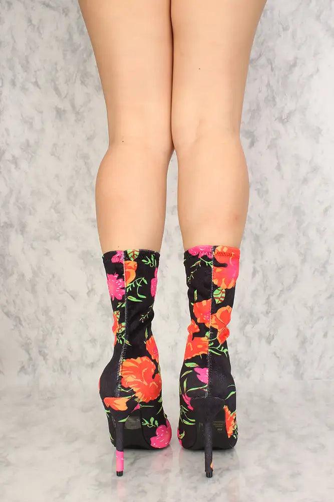 Sexy Floral Pointy Toe High Heel Mid Calf Booties Velvet - AMIClubwear