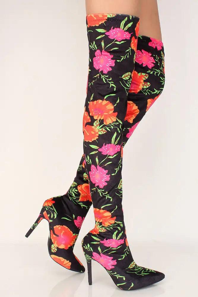 Sexy Floral Pointy Toe High Heels Thigh High Boots Velvet - AMIClubwear