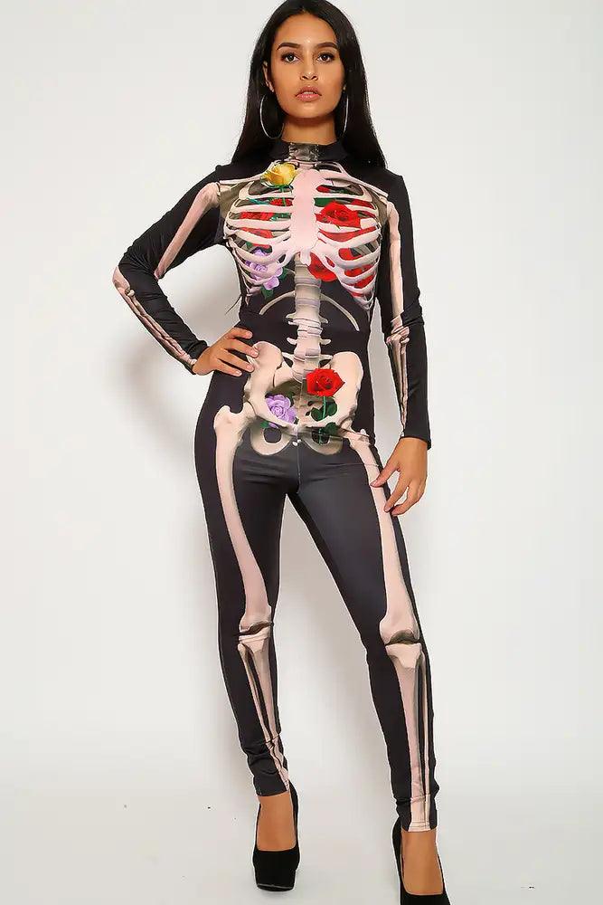 Sexy Flower Skeleton Halloween Fitted Jumpsuit Catsuit Costume - AMIClubwear