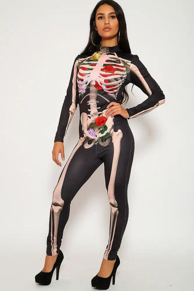 Sexy Flower Skeleton Halloween Fitted Jumpsuit Catsuit Costume - AMIClubwear