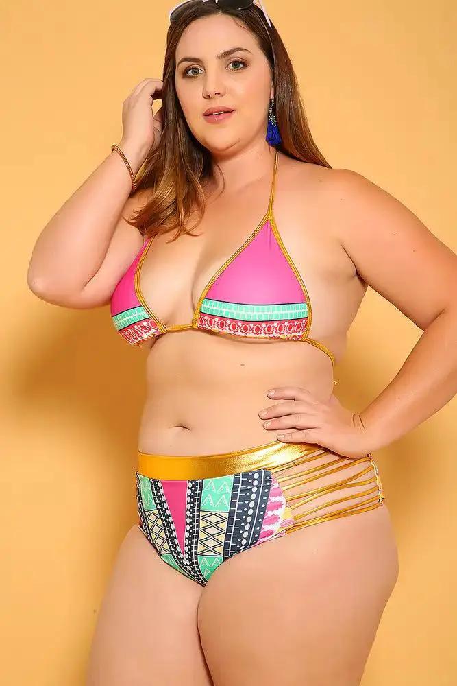 Sexy Fuchisa Ethnic Print Patted High Waist Plus Size 2Pc. Bikini