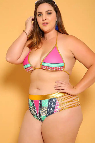 Sexy Fuchisa Ethnic Print Patted High Waist Plus Size 2Pc. Bikini - AMIClubwear