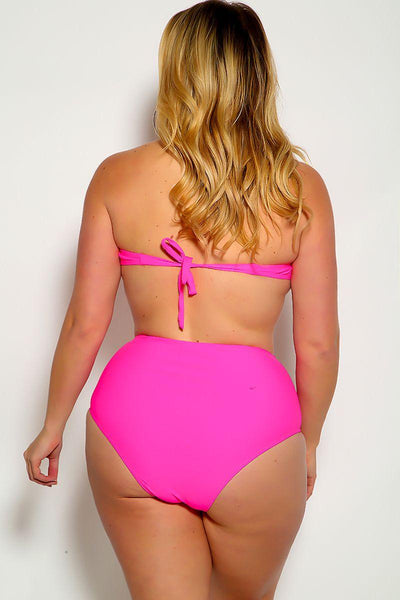 Sexy Fuchsia Bandeau High Waist Plus Size Swimsuit - AMIClubwear