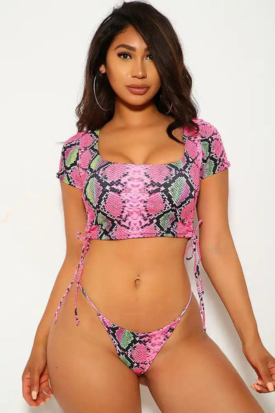 Sexy Fuchsia Black Reptile Ruched Crop Top Two Piece Swimsuit - AMIClubwear