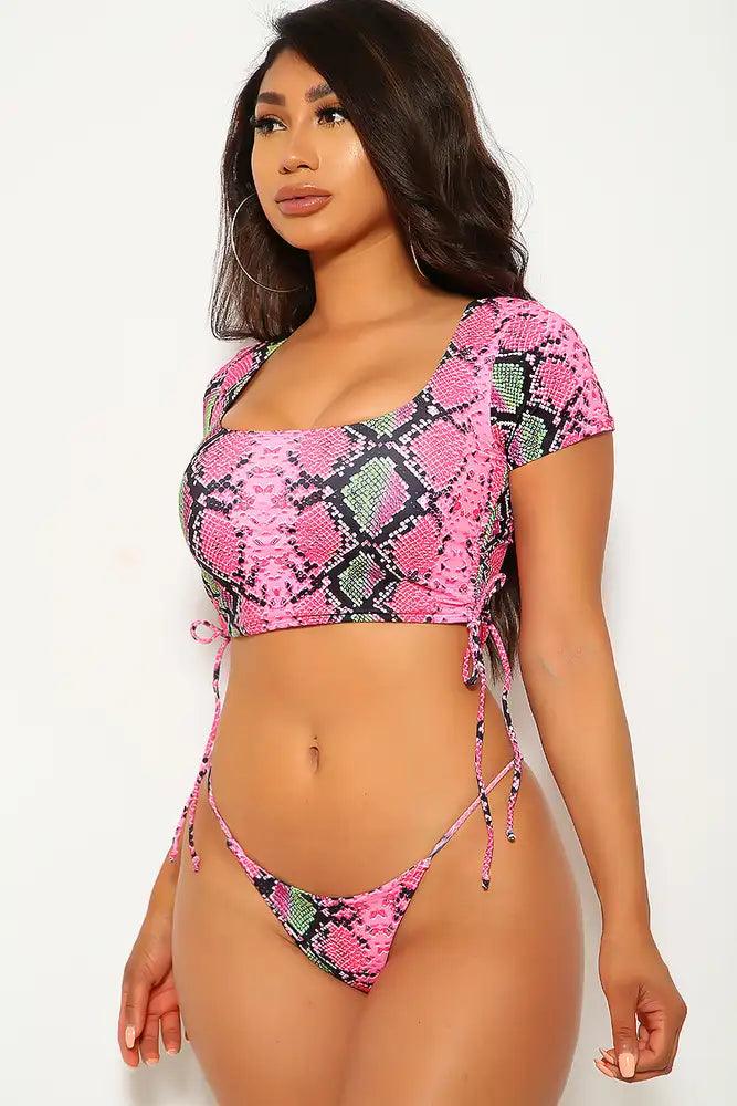 Sexy Fuchsia Black Reptile Ruched Crop Top Two Piece Swimsuit - AMIClubwear