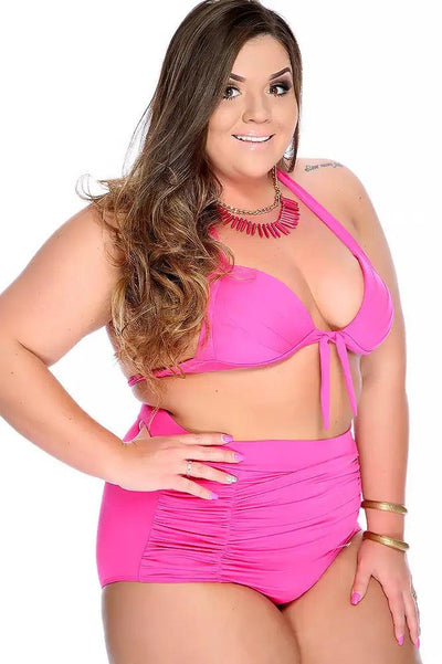 Sexy Fuchsia Bold Halter Strap Pleated High Waisted Ruched Plus Size Two Piece Swimsuit - AMIClubwear