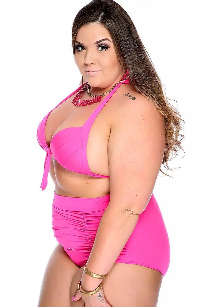 Sexy Fuchsia Bold Halter Strap Pleated High Waisted Ruched Plus Size Two Piece Swimsuit - AMIClubwear