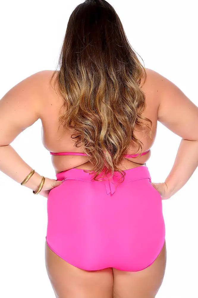 Sexy Fuchsia Bold Halter Strap Pleated High Waisted Ruched Plus Size Two Piece Swimsuit - AMIClubwear