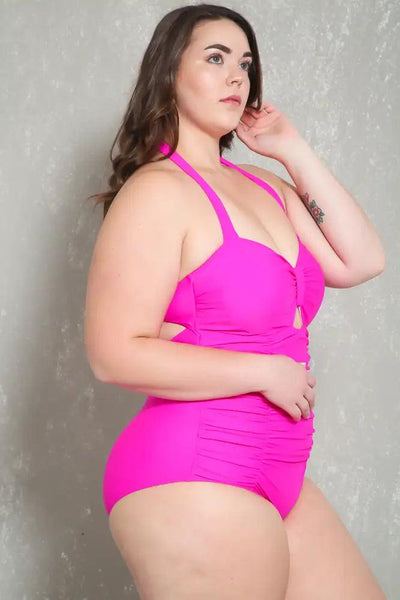 Sexy Fuchsia Bold Halter Strap Ruched Sweetheart Cutout Center One Piece Swimsuit Plus - AMIClubwear