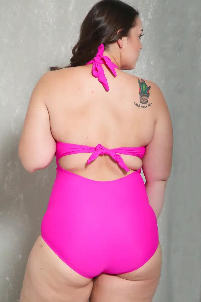 Sexy Fuchsia Bold Halter Strap Ruched Sweetheart Cutout Center One Piece Swimsuit Plus - AMIClubwear