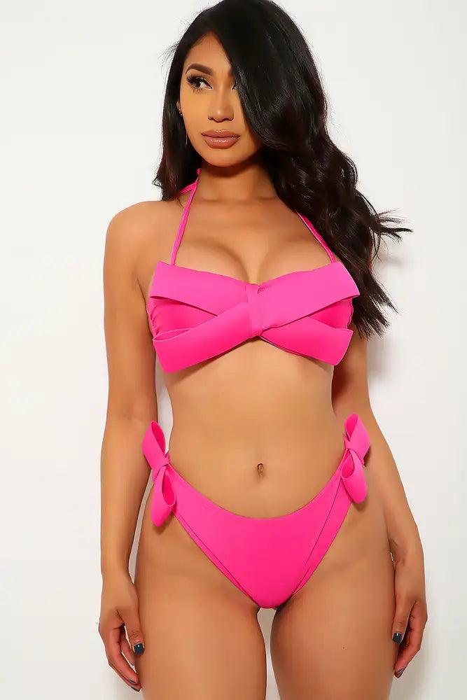 Sexy Fuchsia Bow Accent Two Piece Swimsuit - AMIClubwear