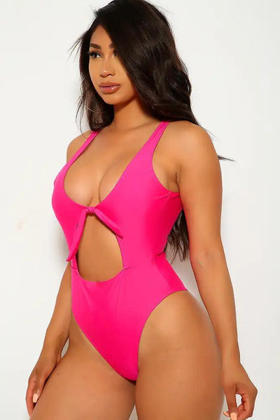 Sexy Fuchsia Cut Out Accent Padded One Piece Swimsuit - AMIClubwear
