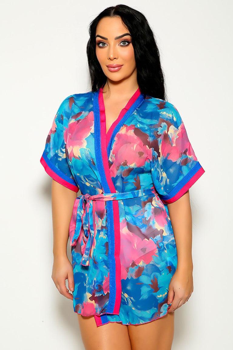 Sexy Fuchsia Floral Print Kimono Lingerie Robe - AMIClubwear