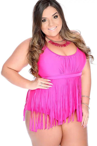 Sexy Fuchsia Fringe Detail One Piece Plus Size Swimsuit - AMIClubwear