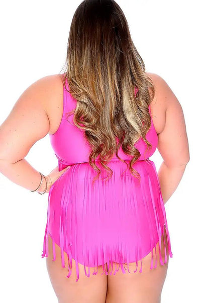 Sexy Fuchsia Fringe Detail One Piece Plus Size Swimsuit - AMIClubwear