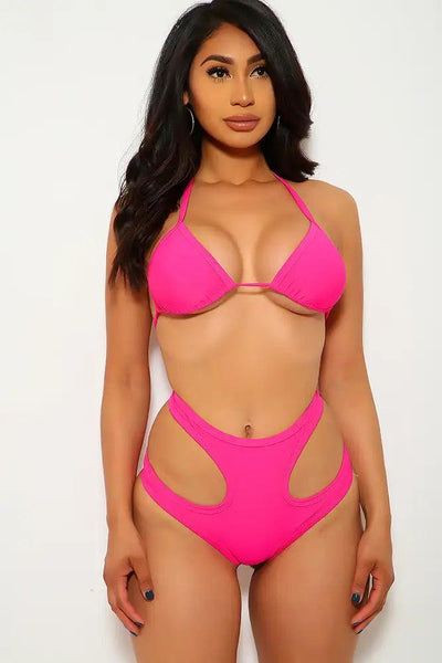 Sexy Fuchsia Halter Strappy High Waist Cut Out Two Piece Swimsuit - AMIClubwear