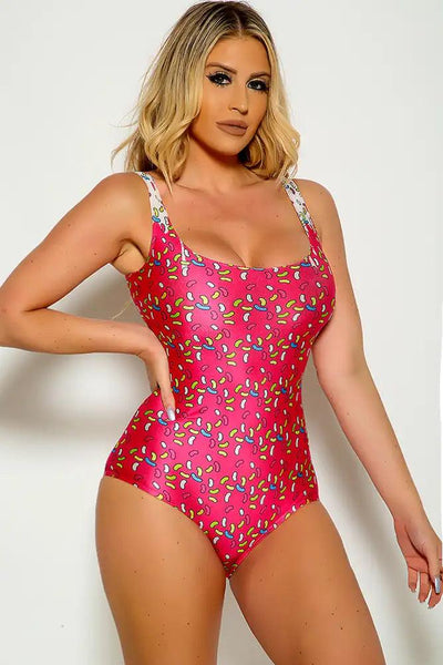 Sexy Fuchsia Jelly Bean Printed One Piece Swimsuit - AMIClubwear