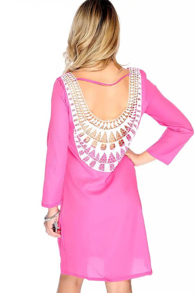 Sexy Fuchsia Long Sleeve Swim Suit Cover Up - AMIClubwear