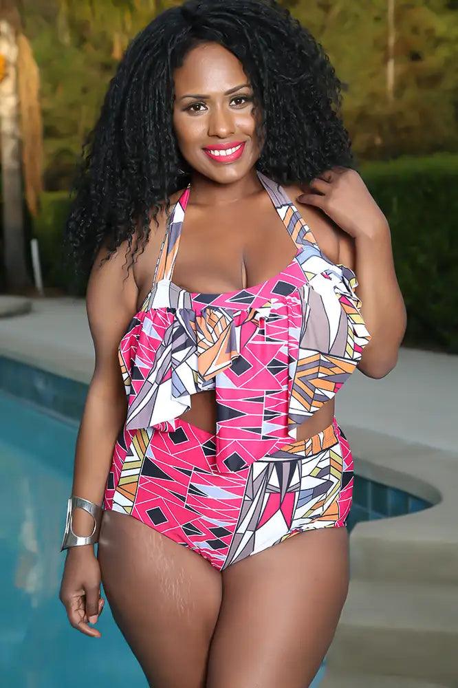 Sexy Fuchsia Mocha Colorblock Ruffle High Waist Plus Size Swimsuit - AMIClubwear