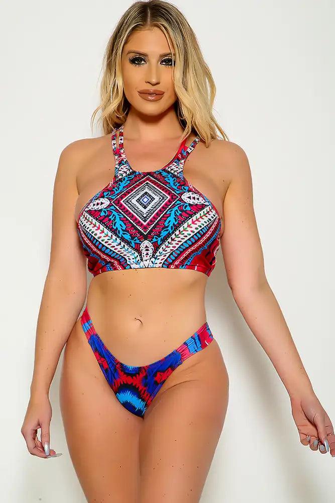 Sexy Fuschia Blue Printed Strappy Padded Ruched Bottom Two Piece Swimsuit - AMIClubwear