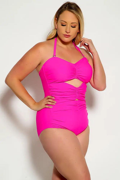 Sexy Fuschia Cut Out Halter One Piece Swimsuit - AMIClubwear