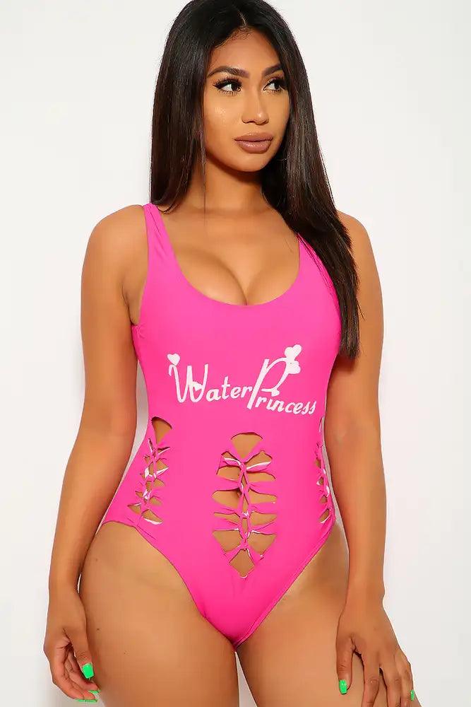 Sexy Fuschia Graphic Printed Design Razor Cut One Piece Swim Suit - AMIClubwear