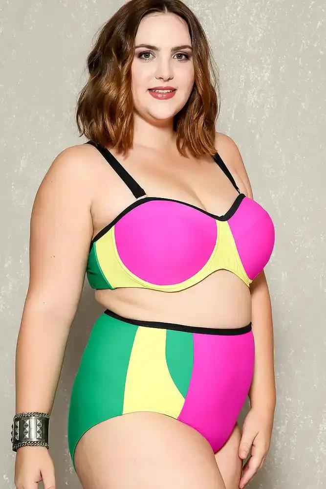 Sexy Fuschia Green Two Tone High Waist Plus Size Two Piece Swimsuit