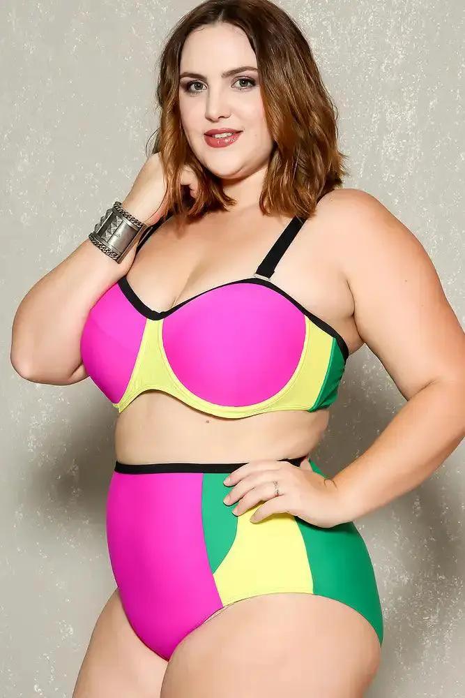 Sexy Fuschia Green Two Tone High Waist Plus Size Two Piece Swimsuit