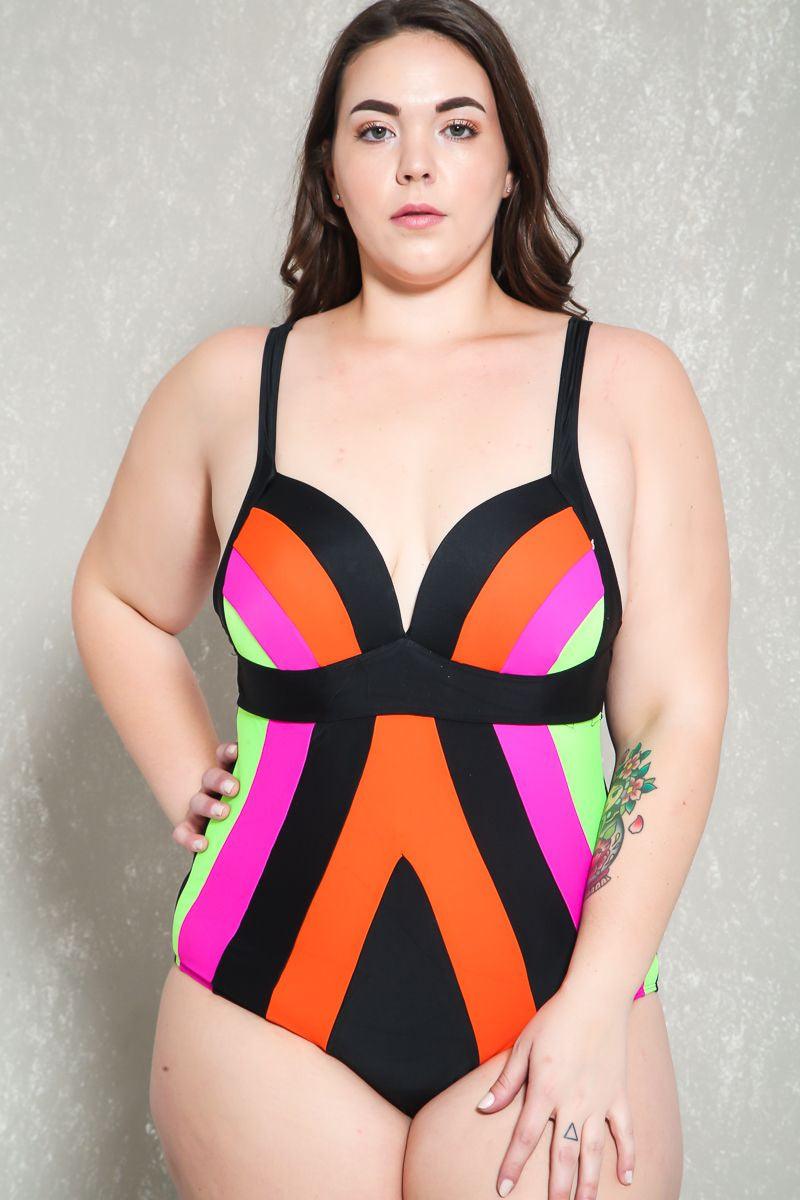 Sexy Fuschia Orange Color Block Plus Size One Piece Swimsuit Bikini - AMIClubwear