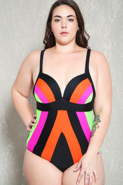 Sexy Fuschia Orange Color Block Plus Size One Piece Swimsuit Bikini - AMIClubwear
